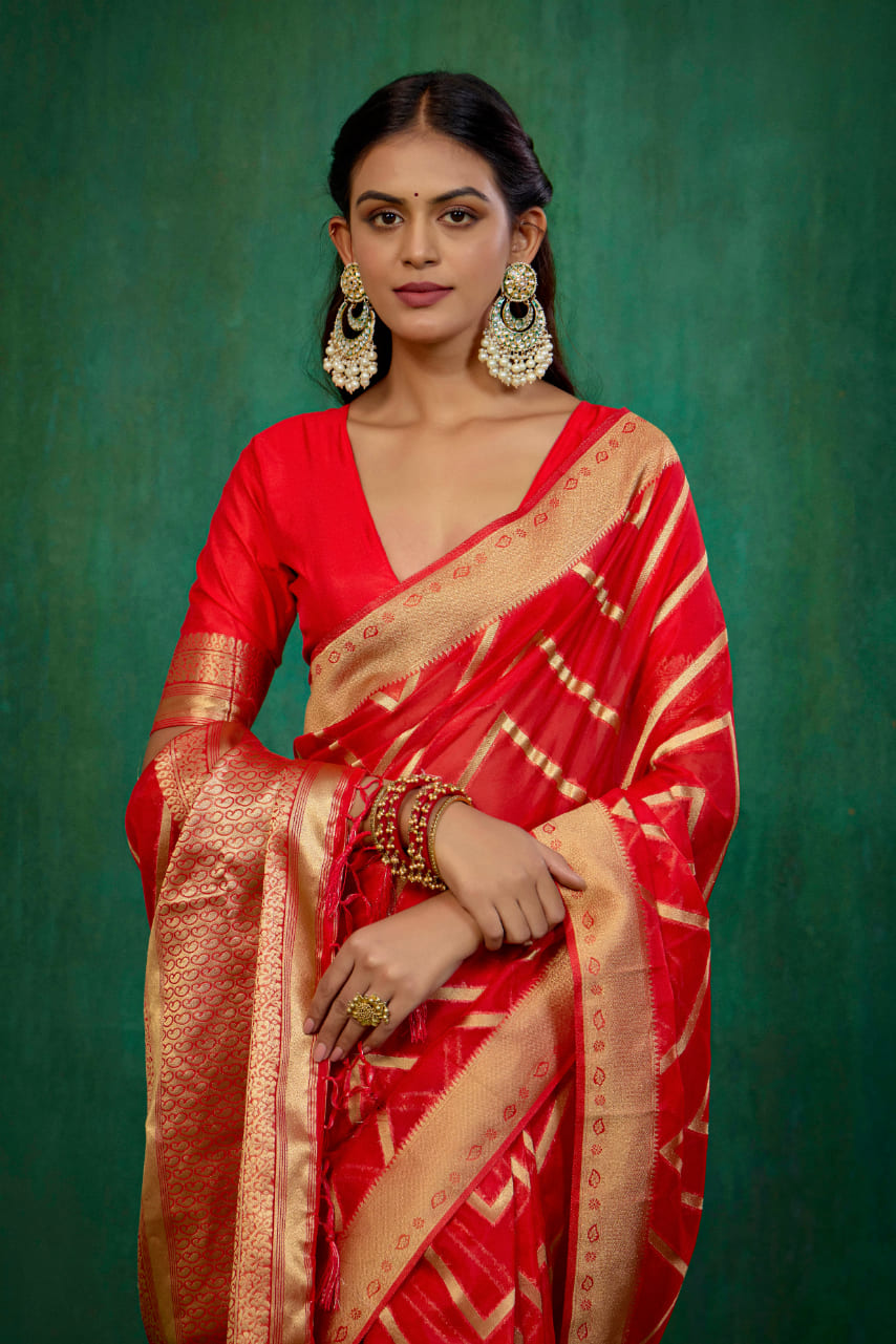 Red Organza Silk Woven Ready to Wear Saree