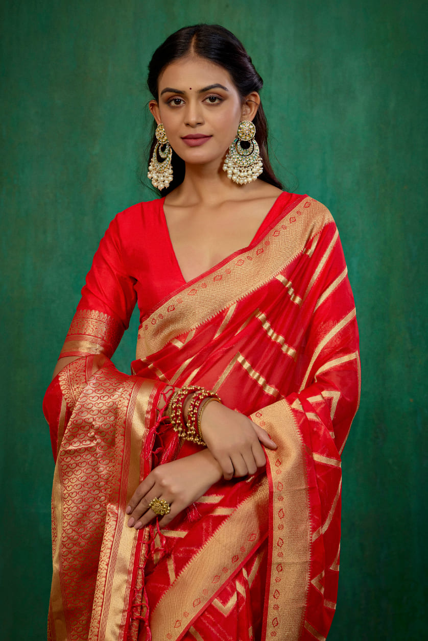 Red Organza Silk Woven Ready to Wear Saree