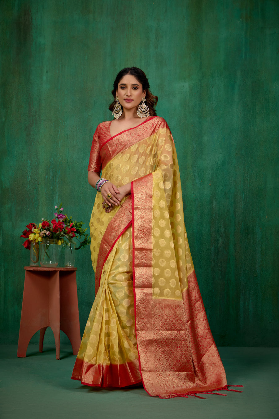 Yellow Organza Silk Woven Ready to Wear Saree