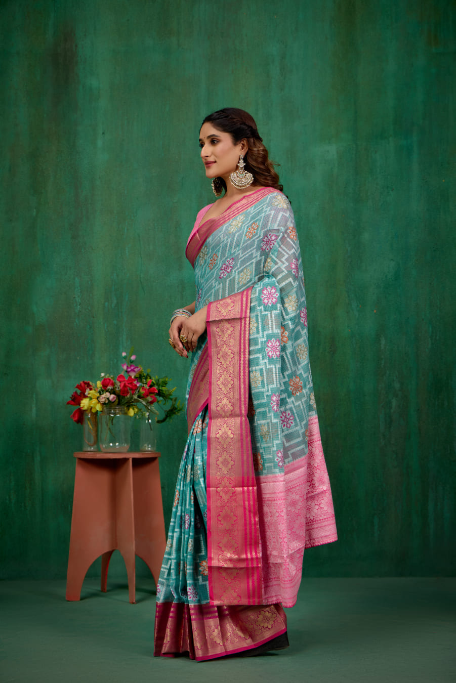 Teal Cotton Silk Woven Ready to Wear Saree