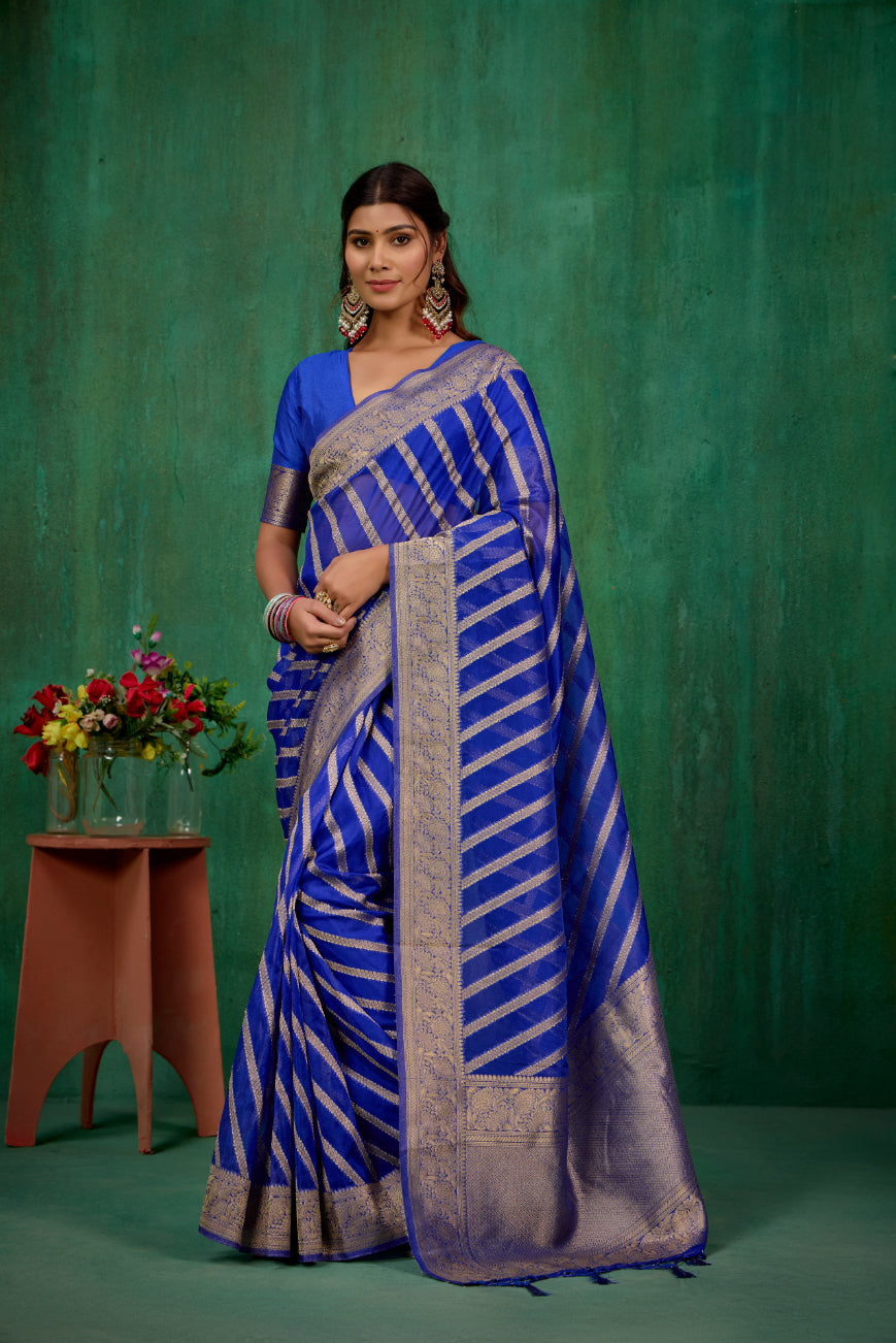 Blue Organza Silk Woven Ready to Wear Saree