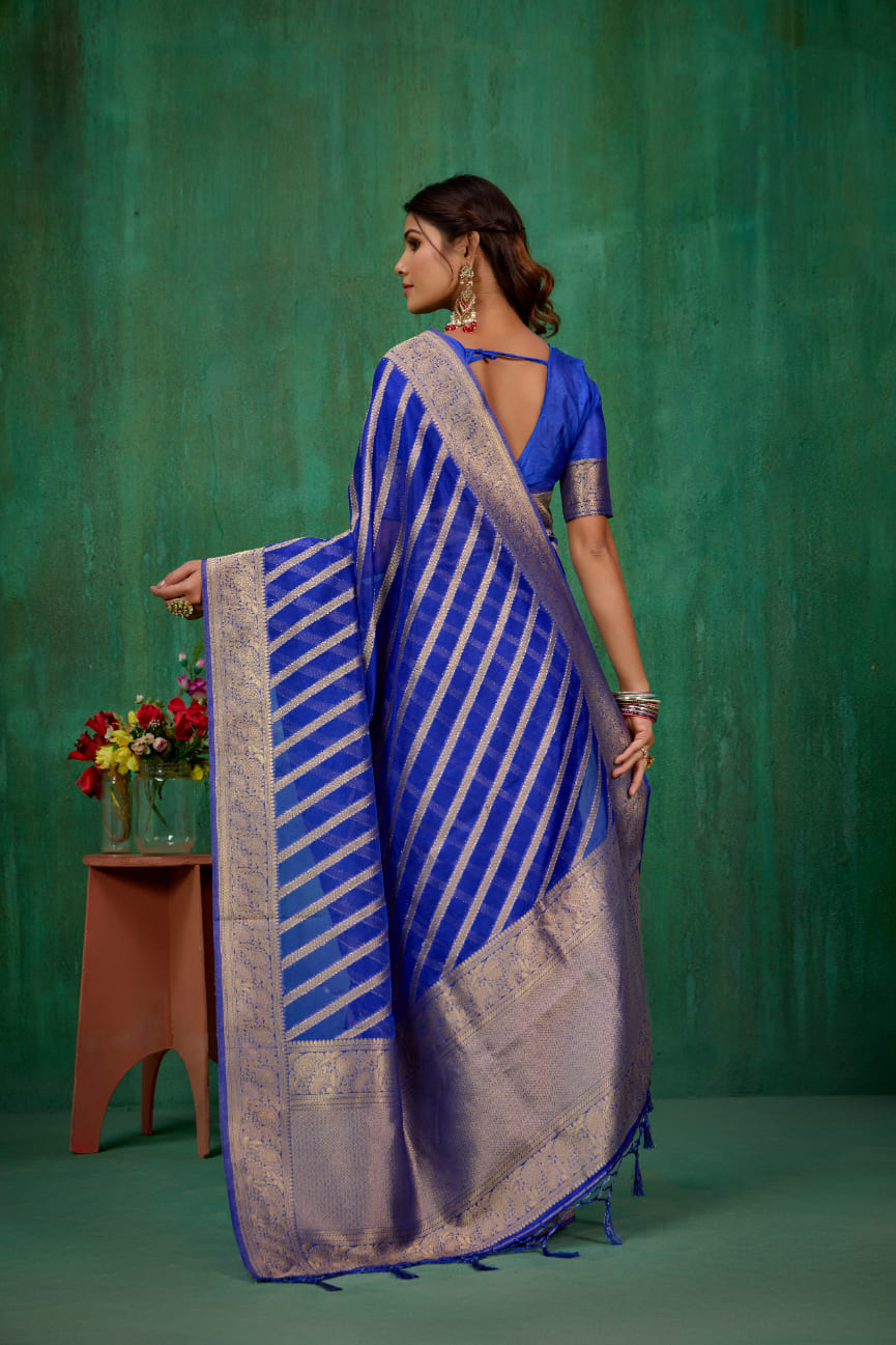 Blue Organza Silk Woven Ready to Wear Saree