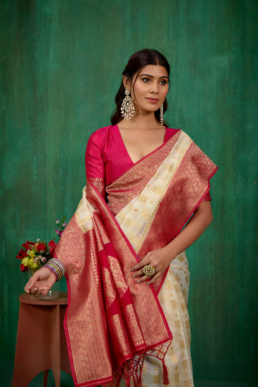 Cream Oraganza Woven Ready to Wear Saree