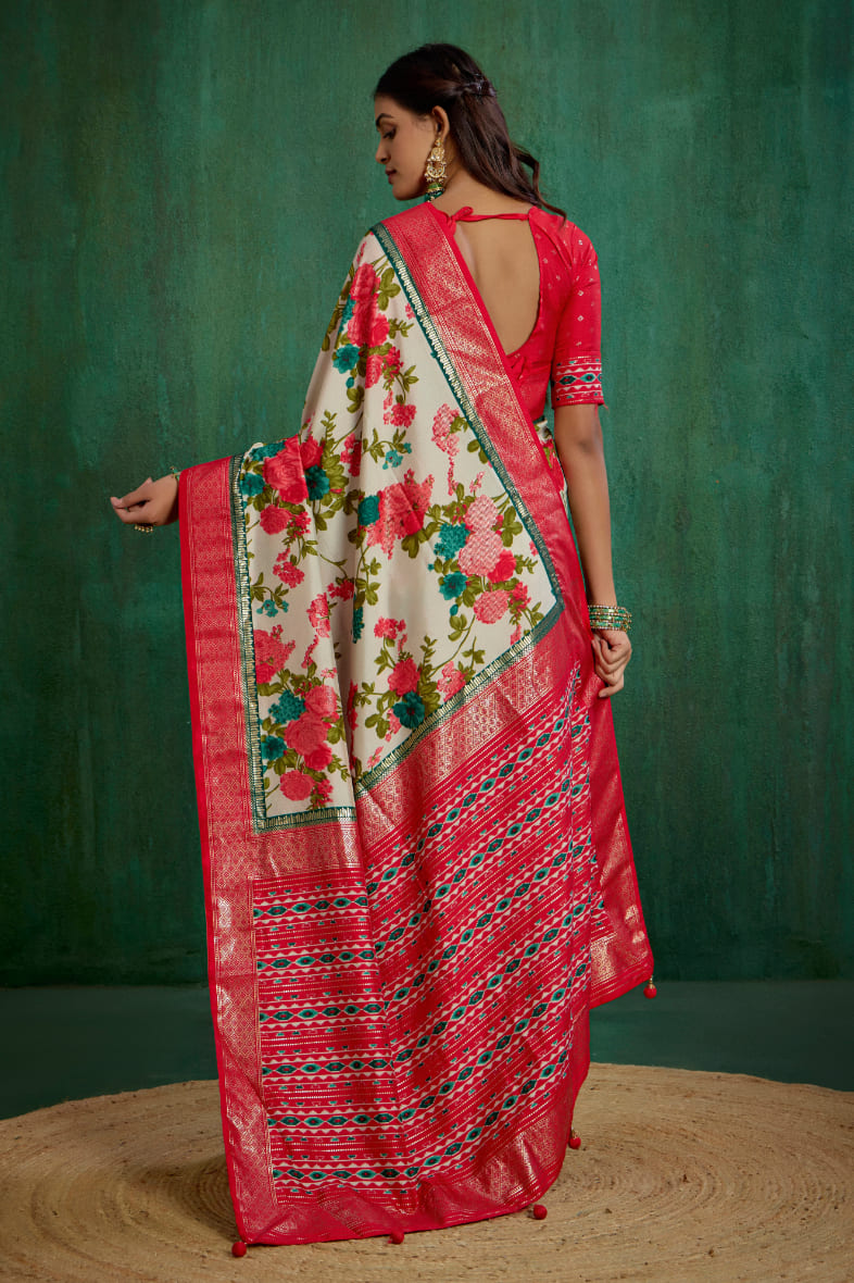 Dairy Cream Cotton Silk Floral Print Ready to Wear Saree