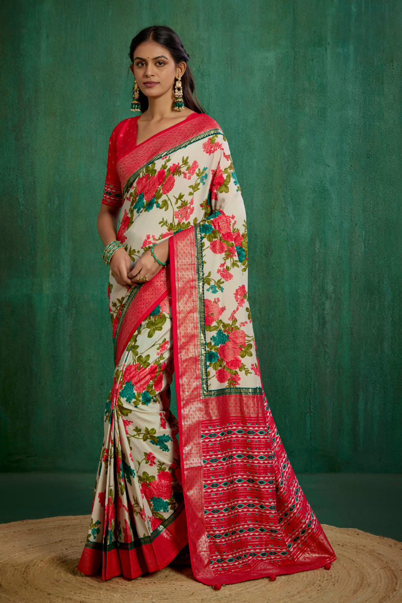 Dairy Cream Cotton Silk Floral Print Ready to Wear Saree