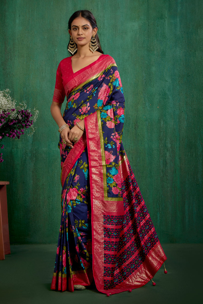 Bright Grey Cotton Silk Floral Print Ready to Wear Saree