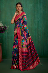 Bright Grey Cotton Silk Floral Print Ready to Wear Saree