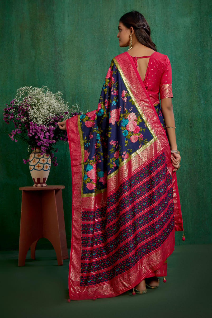 Bright Grey Cotton Silk Floral Print Ready to Wear Saree