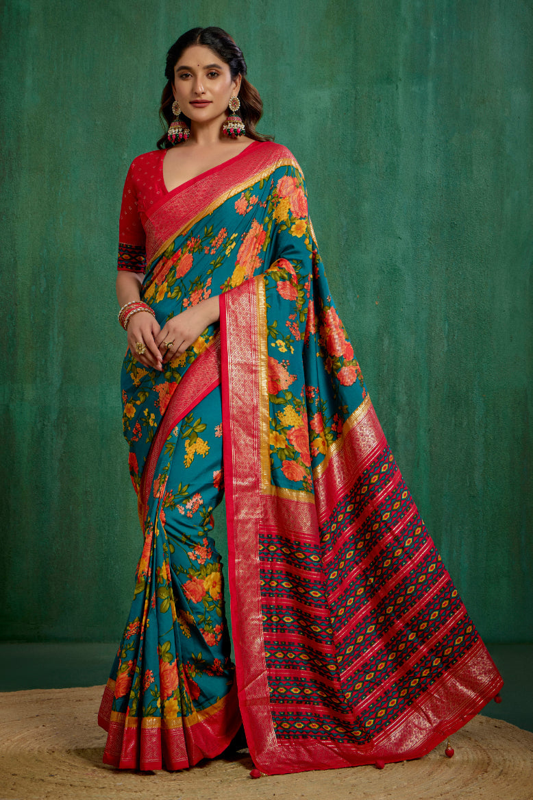 Pine Green Cotton Silk Floral Print Ready to Wear Saree