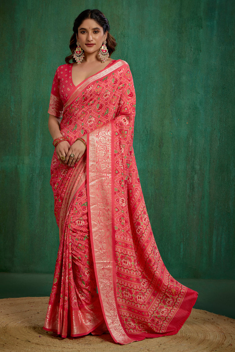 Peach Cotton Silk Patola Print Ready to Wear Saree