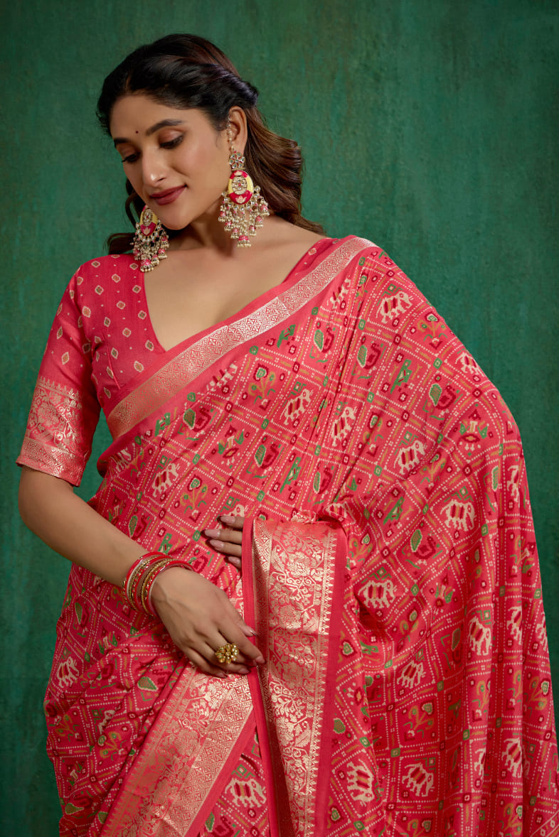 Peach Cotton Silk Patola Print Ready to Wear Saree