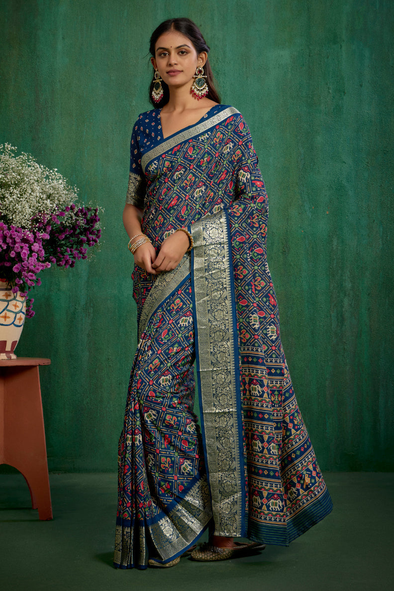 Regal Blue Cotton Silk Patola Print Ready to Wear Saree