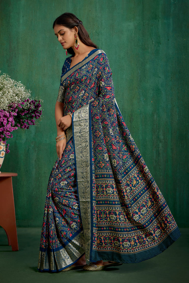 Regal Blue Cotton Silk Patola Print Ready to Wear Saree