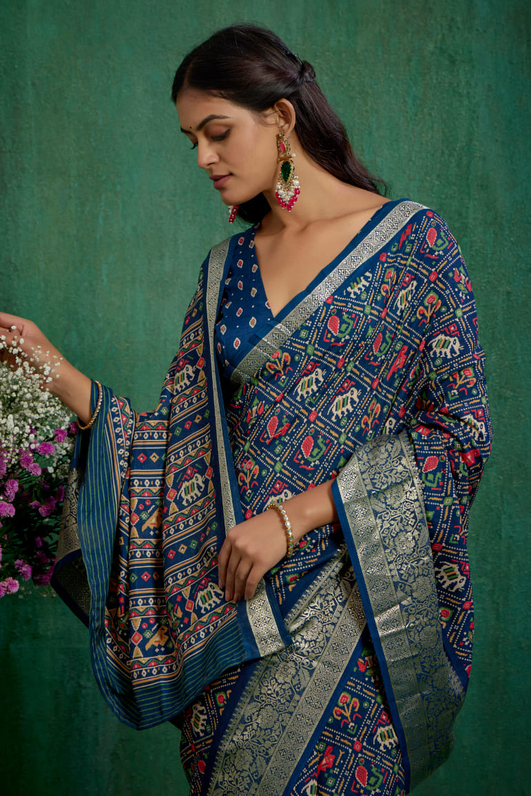 Regal Blue Cotton Silk Patola Print Ready to Wear Saree