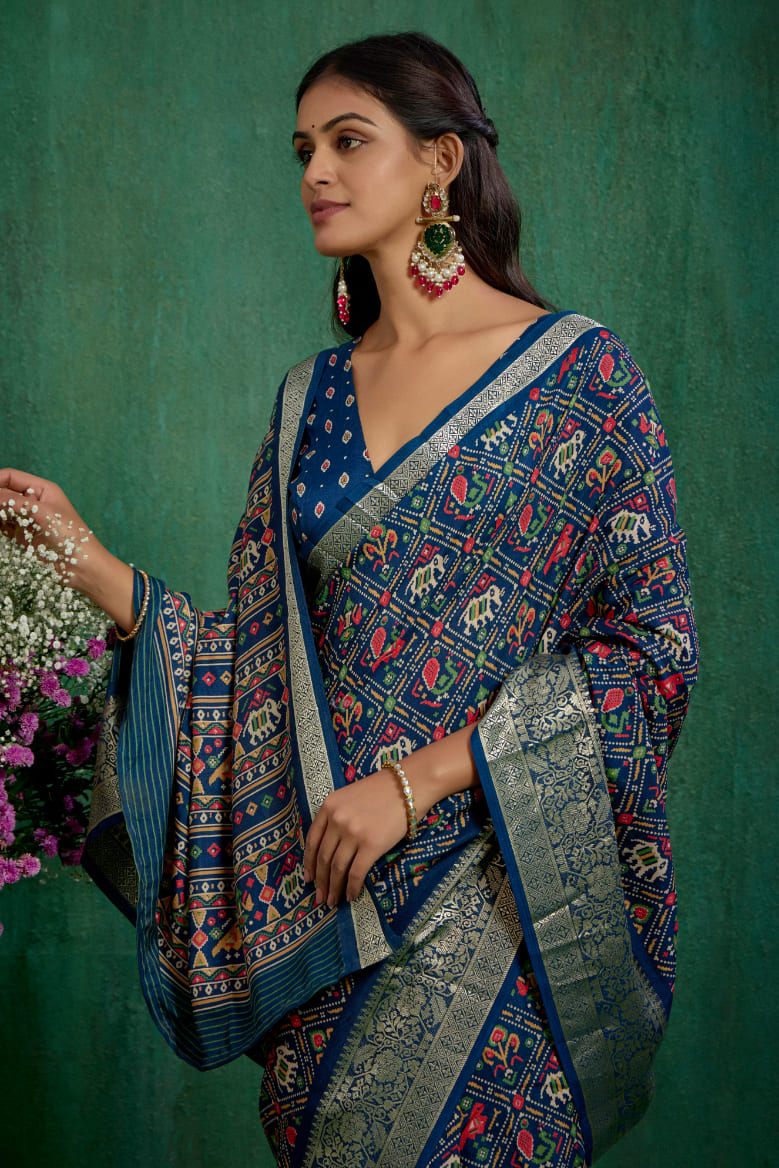 Regal Blue Cotton Silk Patola Print Ready to Wear Saree