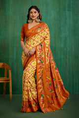 Orange Yellow Cotton Silk Ikkat Print Ready to Wear Saree