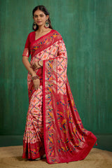 Peachy Pink Cotton Silk Ikkat Print Ready to Wear Saree