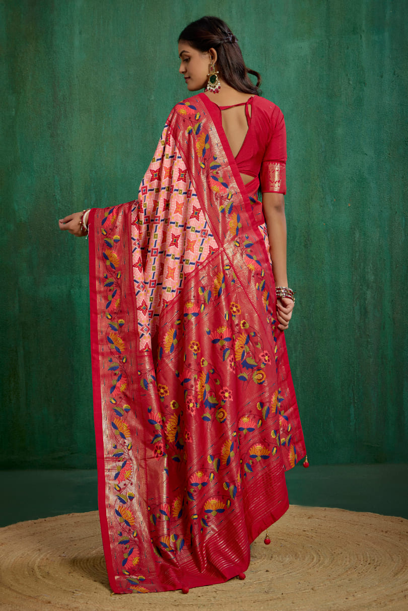 Peachy Pink Cotton Silk Ikkat Print Ready to Wear Saree