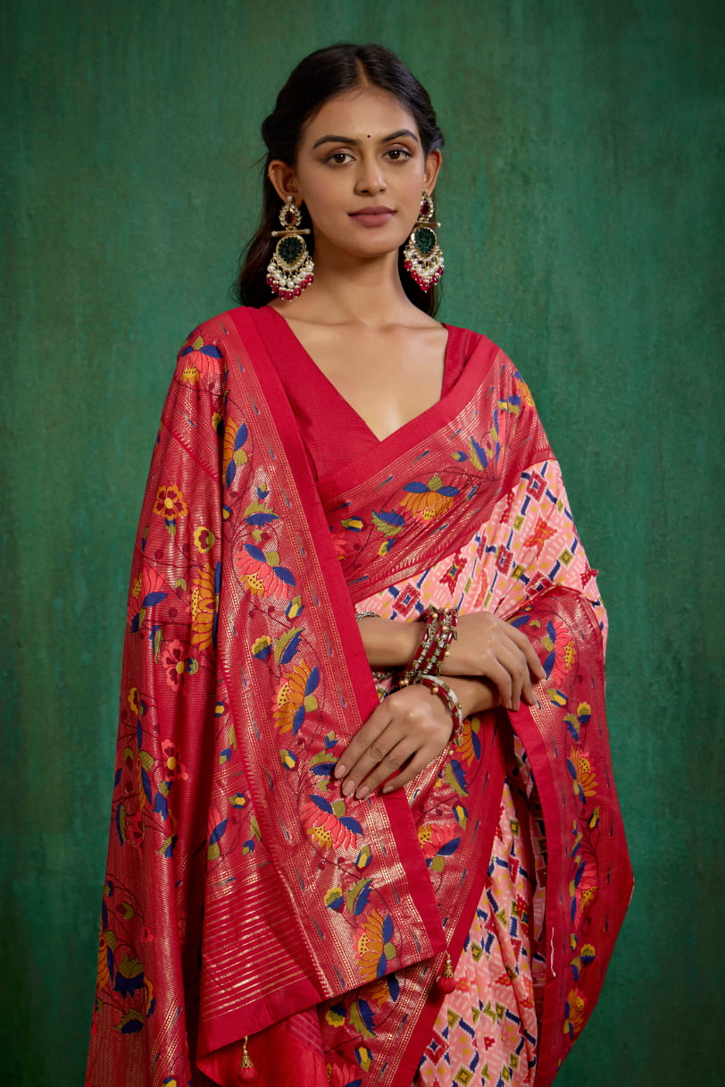 Peachy Pink Cotton Silk Ikkat Print Ready to Wear Saree