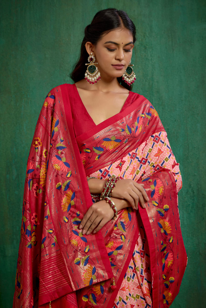 Peachy Pink Cotton Silk Ikkat Print Ready to Wear Saree