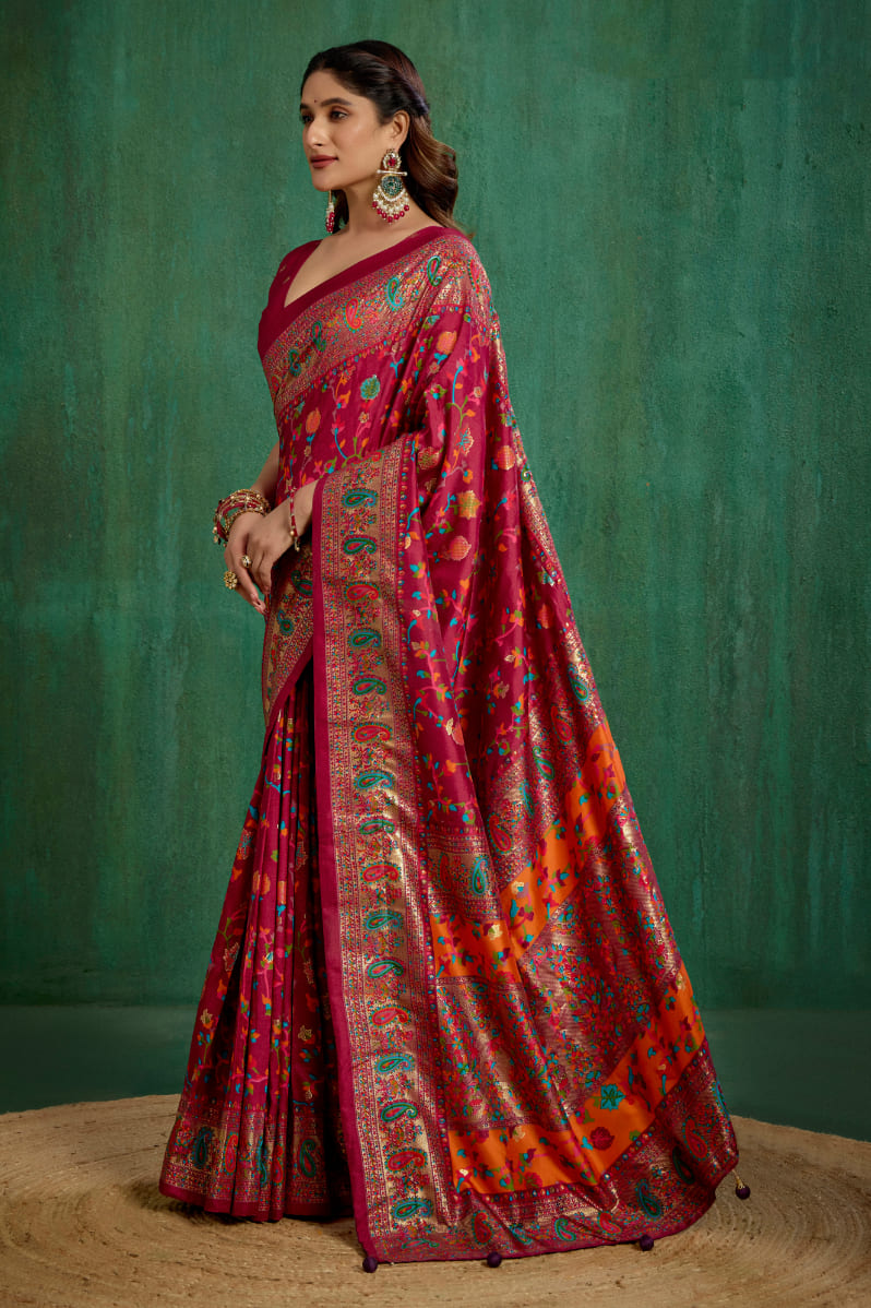 Wine Berry Velvet Tussar Silk Floral Print Ready to Wear Saree