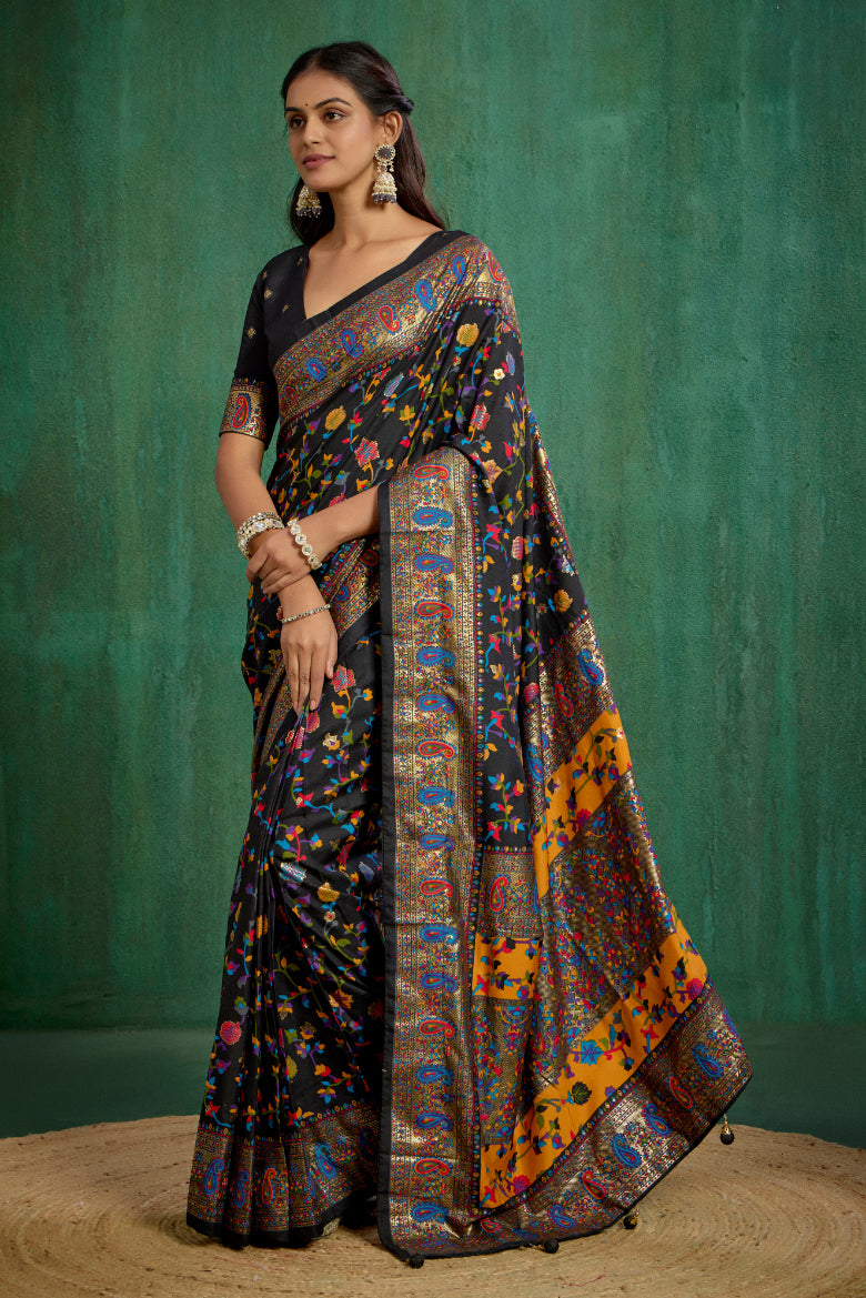 Black Velvet Tussar Silk Floral Print Ready to Wear Saree