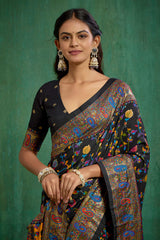 Black Velvet Tussar Silk Floral Print Ready to Wear Saree