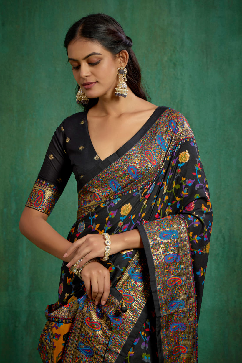 Black Velvet Tussar Silk Floral Print Ready to Wear Saree