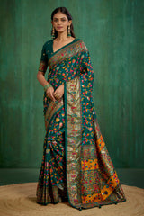 Pine Green Velvet Tussar Silk Floral Print Ready to Wear Saree