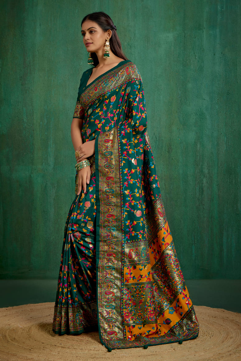 Pine Green Velvet Tussar Silk Floral Print Ready to Wear Saree