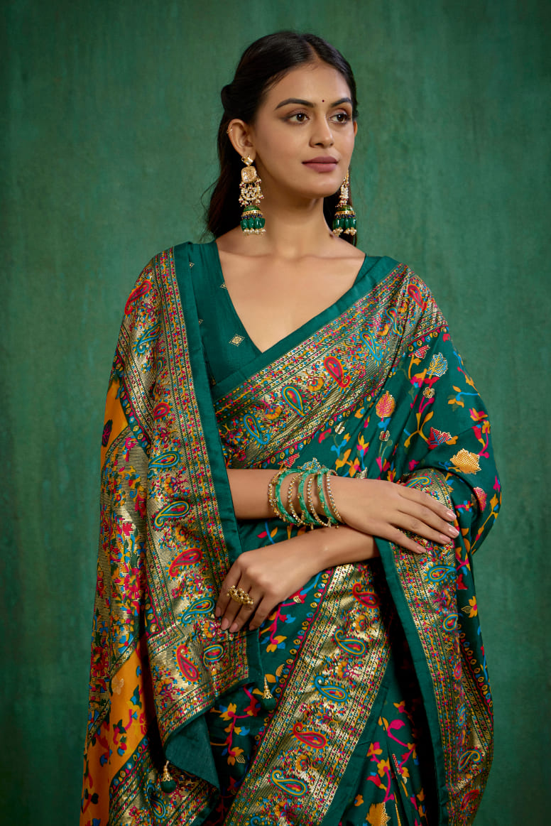 Pine Green Velvet Tussar Silk Floral Print Ready to Wear Saree