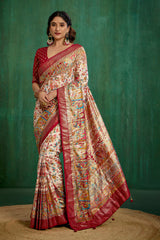 Off White Tussar Silk Ethnic Motif Ready to Wear Saree