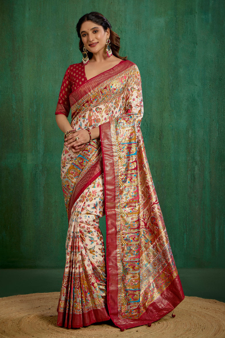 Off White Tussar Silk Ethnic Motif Ready to Wear Saree