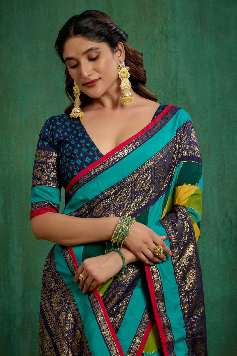 Multi Tussar Silk Block Print Ready to Wear Saree