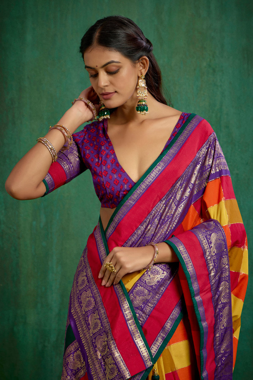 Multi Tussar Silk Block Print Ready to Wear Saree