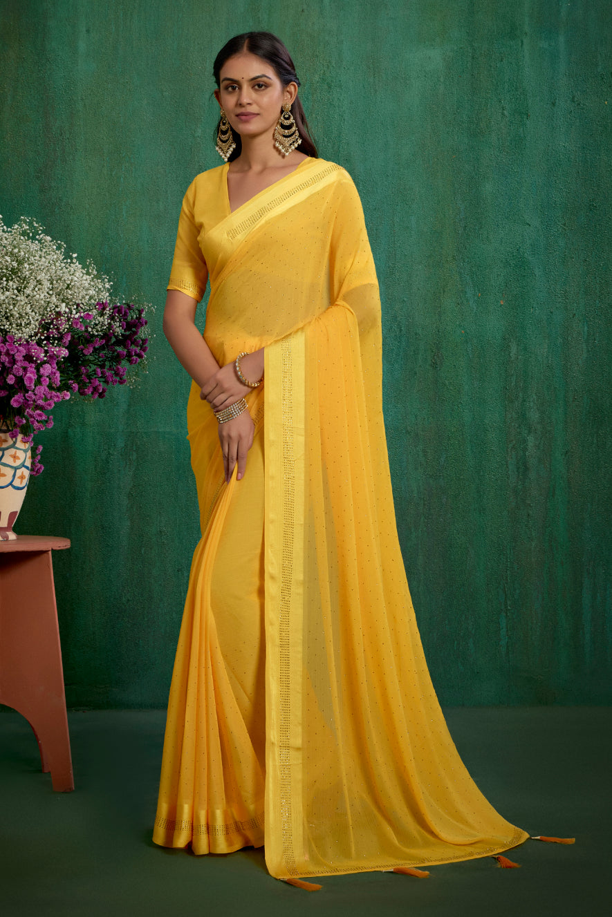 Bee Yellow Chiffon Swarovski Ready to Wear Saree