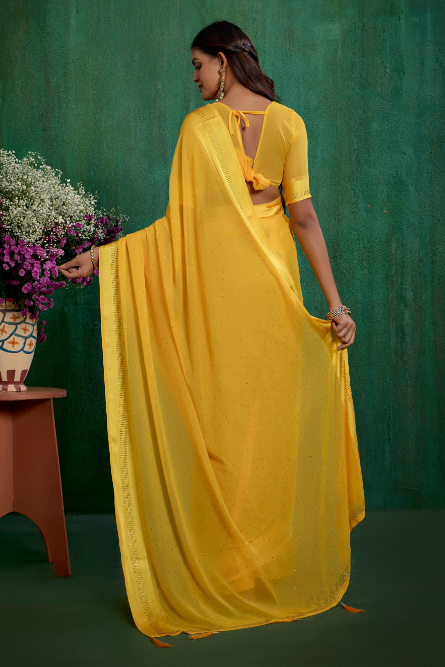 Bee Yellow Chiffon Swarovski Ready to Wear Saree