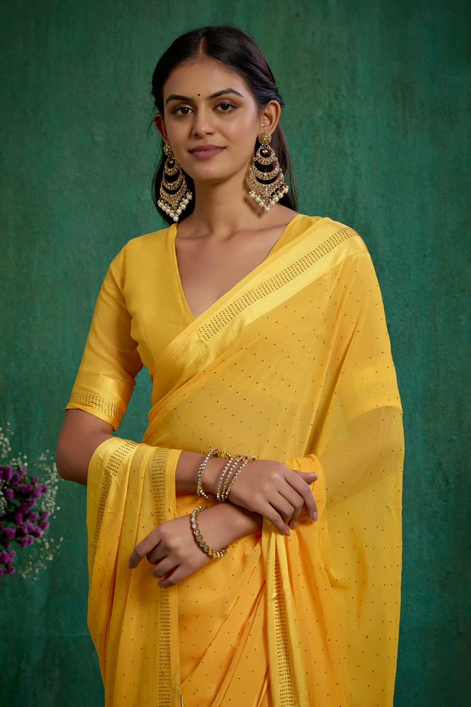 Bee Yellow Chiffon Swarovski Ready to Wear Saree