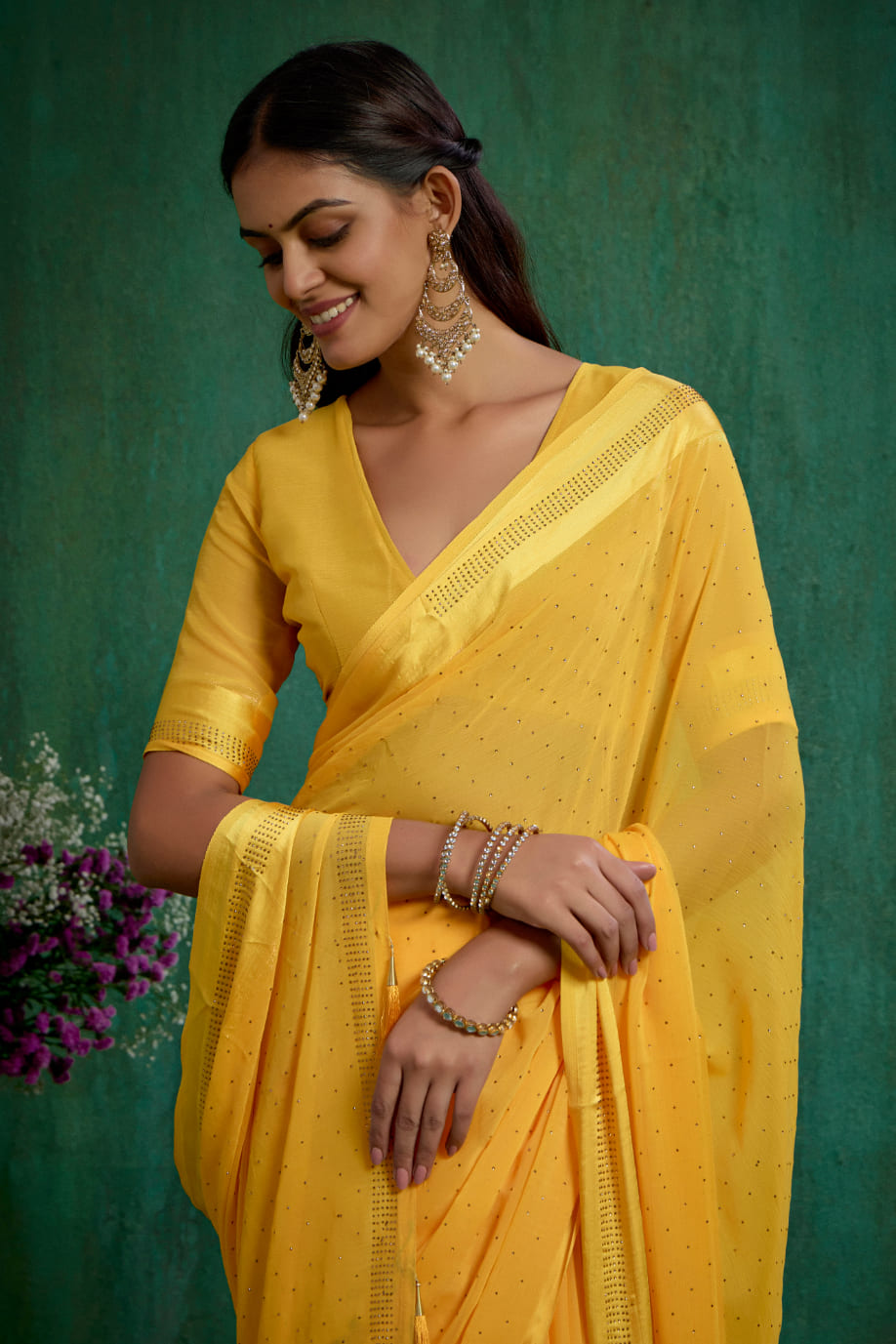 Bee Yellow Chiffon Swarovski Ready to Wear Saree