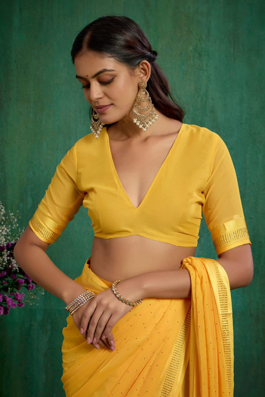 Bee Yellow Chiffon Swarovski Ready to Wear Saree