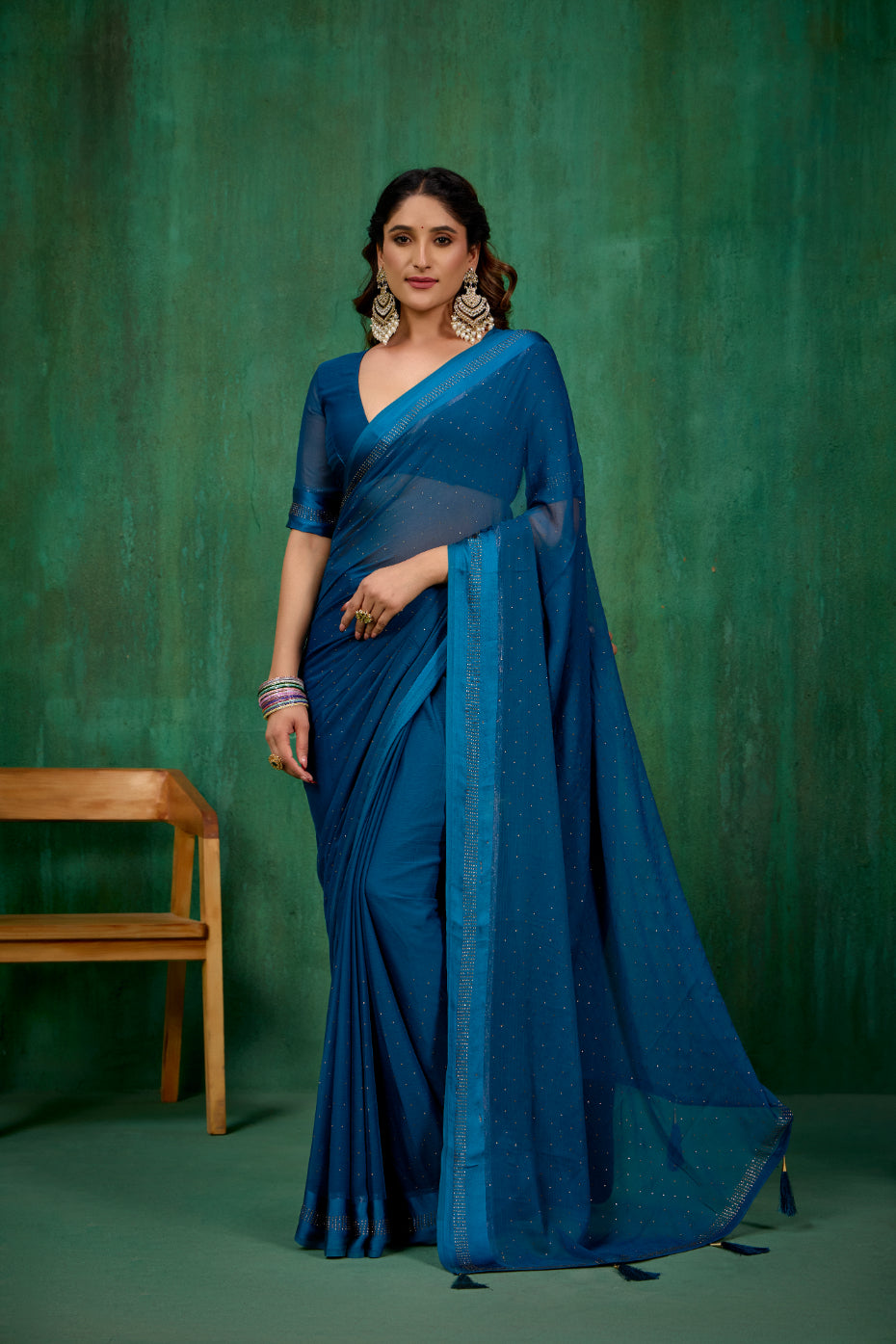 Dark Teal Chiffon Swarovski Ready to Wear Saree