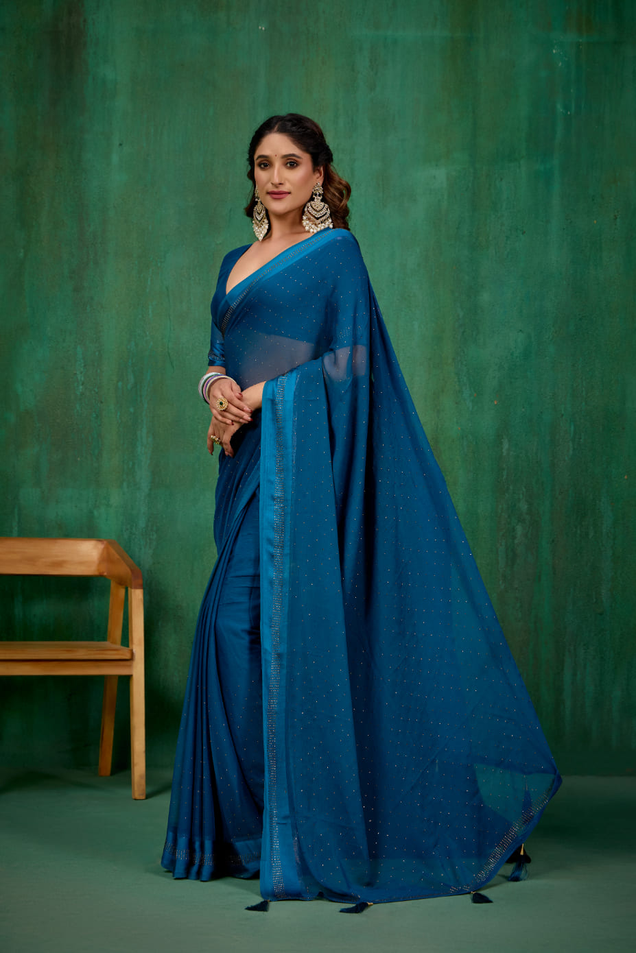 Dark Teal Chiffon Swarovski Ready to Wear Saree