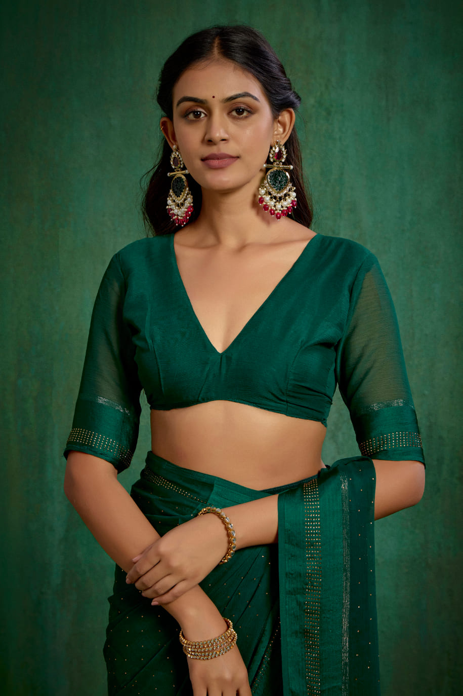 Sherwood Green Chiffon Swarovski Ready to Wear Saree