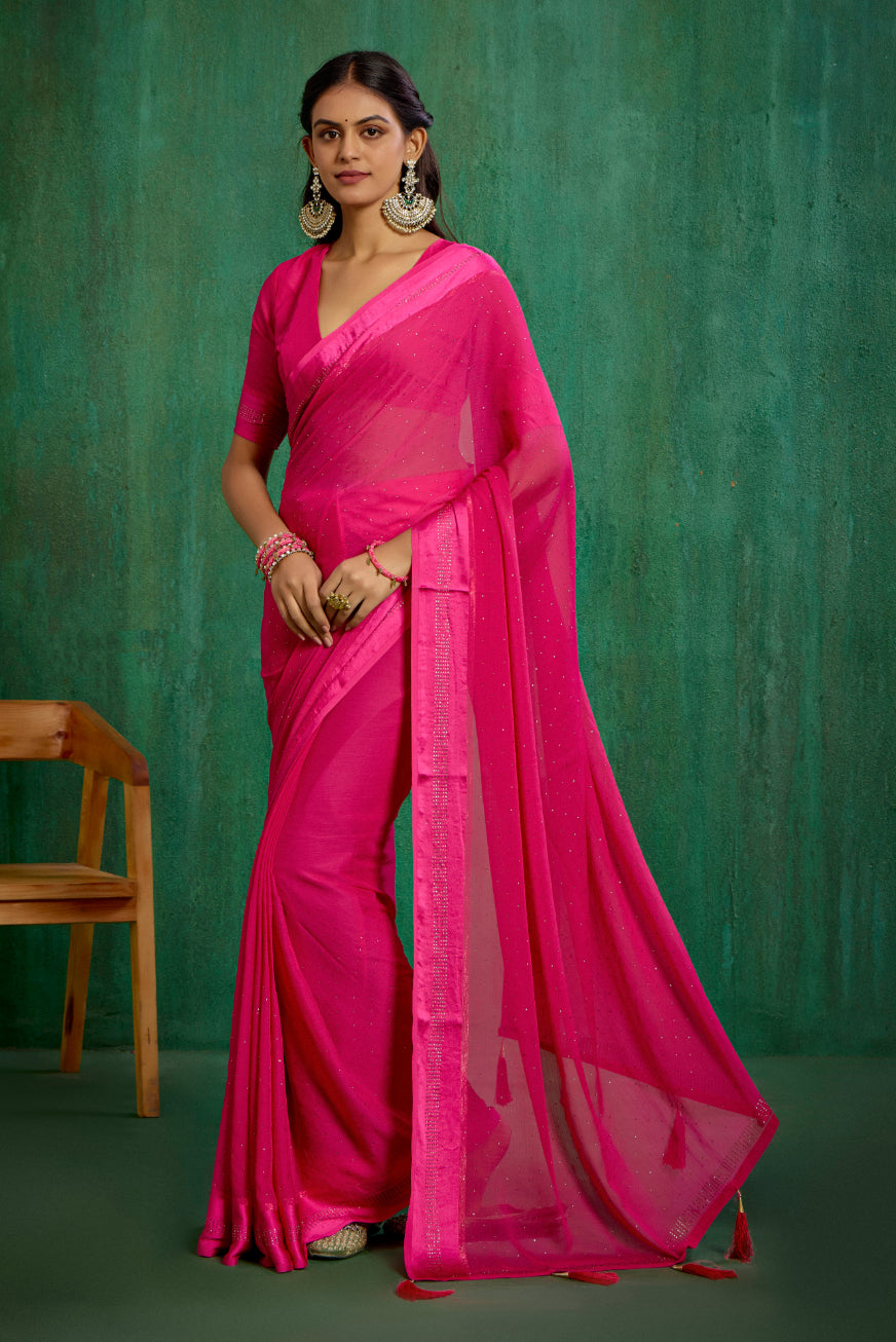 Burnt Pink Chiffon Swarovski Ready to Wear Saree