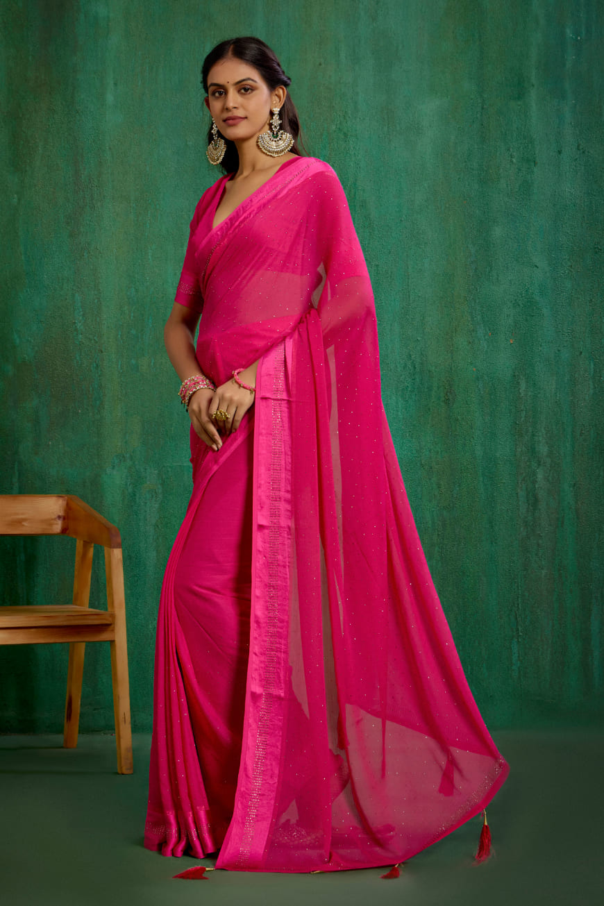 Burnt Pink Chiffon Swarovski Ready to Wear Saree