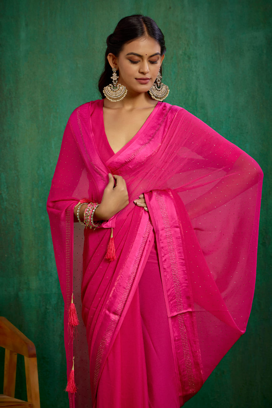 Burnt Pink Chiffon Swarovski Ready to Wear Saree