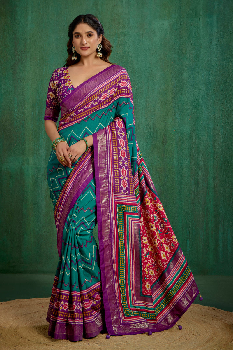 Purple Velvet Tusser silk Patola Print Ready to Wear Saree