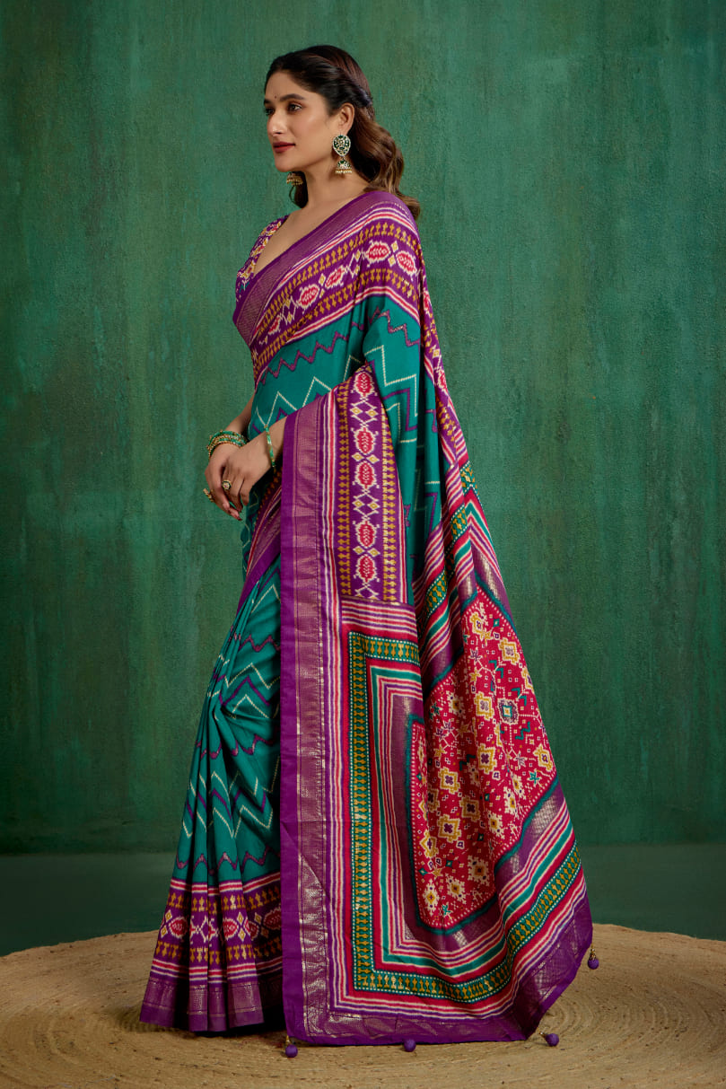 Purple Velvet Tusser silk Patola Print Ready to Wear Saree