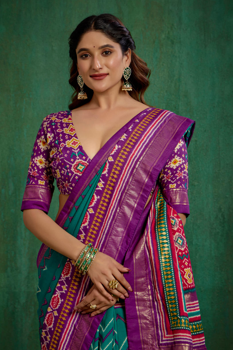 Purple Velvet Tusser silk Patola Print Ready to Wear Saree