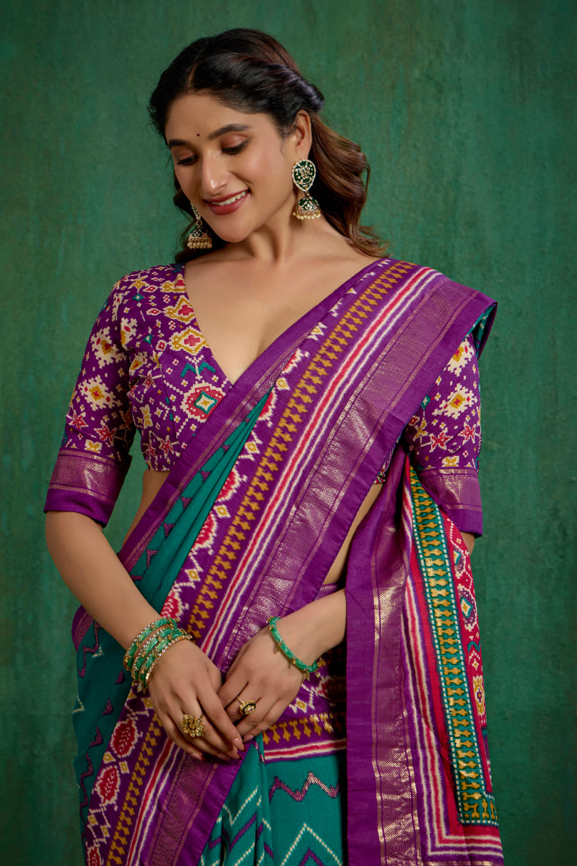 Purple Velvet Tusser silk Patola Print Ready to Wear Saree